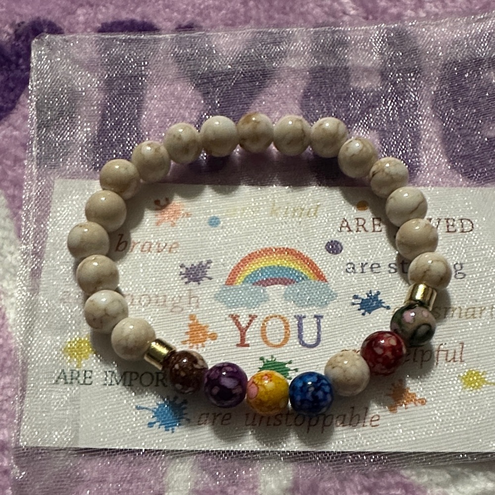 Multicolor Chakra Beaded Stretch Bracelet - with positive affirmation card